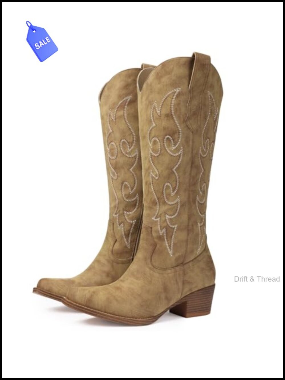 Quorvash Faux Leather Knee High Cowboy Boots Pointed Toe Snip Toe Block Heel
